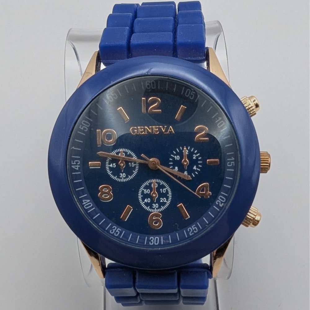 GENEVA Watch Blue Analog Quartz Silicone‎ Strap Wristband New Battery